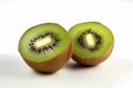 A cut kiwi and one quarter kiwi on a white background