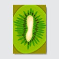 Cut kiwi template card, slice fresh fruit poster on white background, magazine cover vertical layout brochure poster