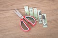 Cut Korean won banknotes and scissors Royalty Free Stock Photo