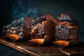 Cut a large piece of smoked beef brisket to the ribs with a dark crust. Classic Texas barbecue Royalty Free Stock Photo