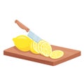 Cut lemon fruits, isometric ripe juicy lemon chopped slices lie on kitchen board plank Royalty Free Stock Photo