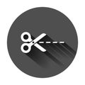 Cut lines icon in flat style. Scissors snip vector illustration on black round background with long shadow Royalty Free Stock Photo