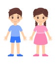 Cut Little Brunette Boy in Shorts, Shirt, Shoes and Girl with Pigtails, and in Dress. Couple of Children. Two Kids are Smiling. Royalty Free Stock Photo