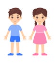 Cut Little Brunette Boy in Shorts, Shirt, Shoes and Girl with Pigtails, and in Dress. Couple of Children. Two Kids are Smiling.