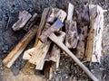 Cut logs firewood and old axe Royalty Free Stock Photo