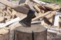 Cut logs wood and old axe Royalty Free Stock Photo
