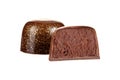 Cut luxury handmade bonbon with chocolate ganache filling isolated on white background Royalty Free Stock Photo