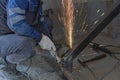 The cut-off male hands of a worker hold a grinding machine from under which sparks of molten metal fly. Welding job. Royalty Free Stock Photo