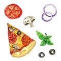 Cut off slice pizza isolated, watercolor painting on white background clipart Royalty Free Stock Photo