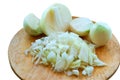 Cut onion, roughly chopped, halves and cubes, peel the onion from the husk