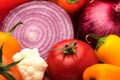 Cut onion and Vegetable Medley for salad with peppers and tomato Royalty Free Stock Photo