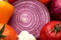 Cut onion and Vegetable Medley for salad with peppers and tomato Royalty Free Stock Photo