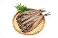 Cut open and dried Atka mackerel in white background