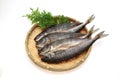 Cut open and dried Atka mackerel in white background