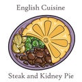 Cut open Steak and Kidney Pie on white background. Beef meat pie with vegetables and gravy