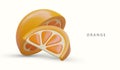 Cut orange in cartoon style. Juicy mandarin slices. Citrus ingredients for cooking, cosmetology