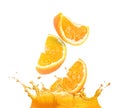 Cut orange falling into citrus juice on white background Royalty Free Stock Photo