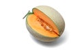 Cut of orange Melon to show the flesh,seeds and peel on white background. Royalty Free Stock Photo