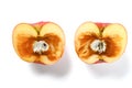 Cut out badly overripe apple with moldy core on white background