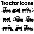 Cut Out Black Various Tractor and Construction Machinery Icon set isolated on white background