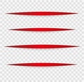 Vector realistic red Cuts in paper sheet with a shadow on transparent background. 3d incision in the paper. horizontal lines