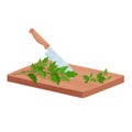 Cut parsley green herbs, isometric cutting board, knife and fresh branches of greenery