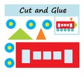 Cut parts of the image and glue on the paper. DIY worksheet. Cartoon locomotive