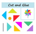 Cut parts of the image and glue on the paper. DIY worksheet. Vector illustration of pinwheel from geometric shapes