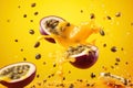 cut passion fruit in motion and splashes of water on a yellow background, Generative AI