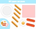 Cut and paste children educational game. Paper cutting activity. Make a food plate with glue. DIY worksheet. Royalty Free Stock Photo