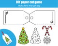 Cut and paste children educational game. Paper cutting activity. Make a New Year, Christmas gift tag. DIY worksheet