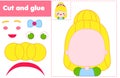 Cut and paste children educational game. Paper cutting activity. Make a princess with glue and scissors. DIY worksheet Royalty Free Stock Photo