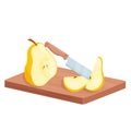 Cut pear fruit slices, isometric half and sliced pear and knife in cooking food process