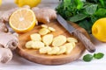 Cut and peeled ginger root. Ginger root is used to increase immunity, to lose weight, whether it protects against colds and Royalty Free Stock Photo