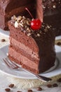 Cut a piece of dark chocolate cake vertical macro Royalty Free Stock Photo