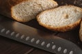 Cut into pieces fresh loaf of wheat bread. Slices of french baguette and knife. Close-up photo Royalty Free Stock Photo