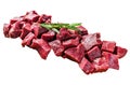 Cut Pieces of Raw beef liver offal. Isolated on white background. Top view. Royalty Free Stock Photo