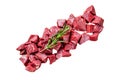 Cut Pieces of Raw beef liver offal. Isolated on white background. Top view. Royalty Free Stock Photo