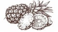 Cut pineapple, round slice, semi-circle piece in retro vintage style. Exotic tropical fruit, sketch drawing, etching Royalty Free Stock Photo