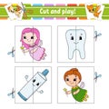 Cut and play. Flash cards. Color puzzle. Tooth, toothpaste, fairy. Education developing worksheet. Activity page. Game for