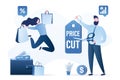 Cut Prices, holiday discounts or seasonal sales. Businessman or salesman holding price tag, scissors cuts in half. Special offer Royalty Free Stock Photo