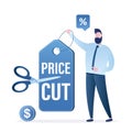 Cut Prices, holiday discounts or seasonal sales. Businessman or salesman holding price tag, scissors cuts in half. Web page