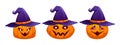 Cut pumpkins with witch hats set. Halloween characters. Elements in cartoon style for designs. Colorful vector Illustration Royalty Free Stock Photo