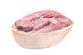 Cut of raw pork knuckle, leg on a table. Farm fresh meat Isolated on white background. Top view. Royalty Free Stock Photo