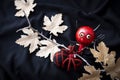 Cut red devil wooden ghost doll and black spider on dry branch and paper leaves over black fabric texture background Royalty Free Stock Photo