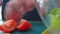 Cut Red Tomato in the morning backlight. Cut fresh vegetables for cooking in the morning light. Tomato cutting close up