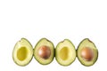 A cut row of avocados isolated on white with copy space Royalty Free Stock Photo