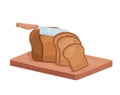 Cut rye bread, isometric chef knife cutting bread loaf on kitchen board, chopped food Royalty Free Stock Photo