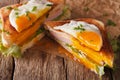 Cut sandwich with fried egg, ham and cheese close-up on the paper. horizontal Royalty Free Stock Photo