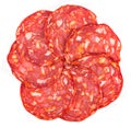 Cut Spanish sausage or salami chorizo. Isolated on white Royalty Free Stock Photo